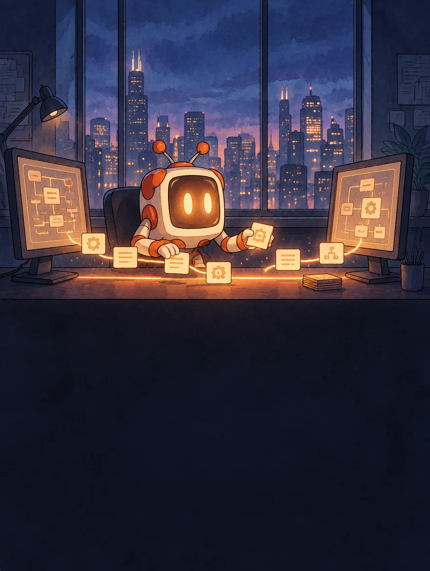 Painted night office: Gus the robot at a desk between two glowing monitors, notes all around him