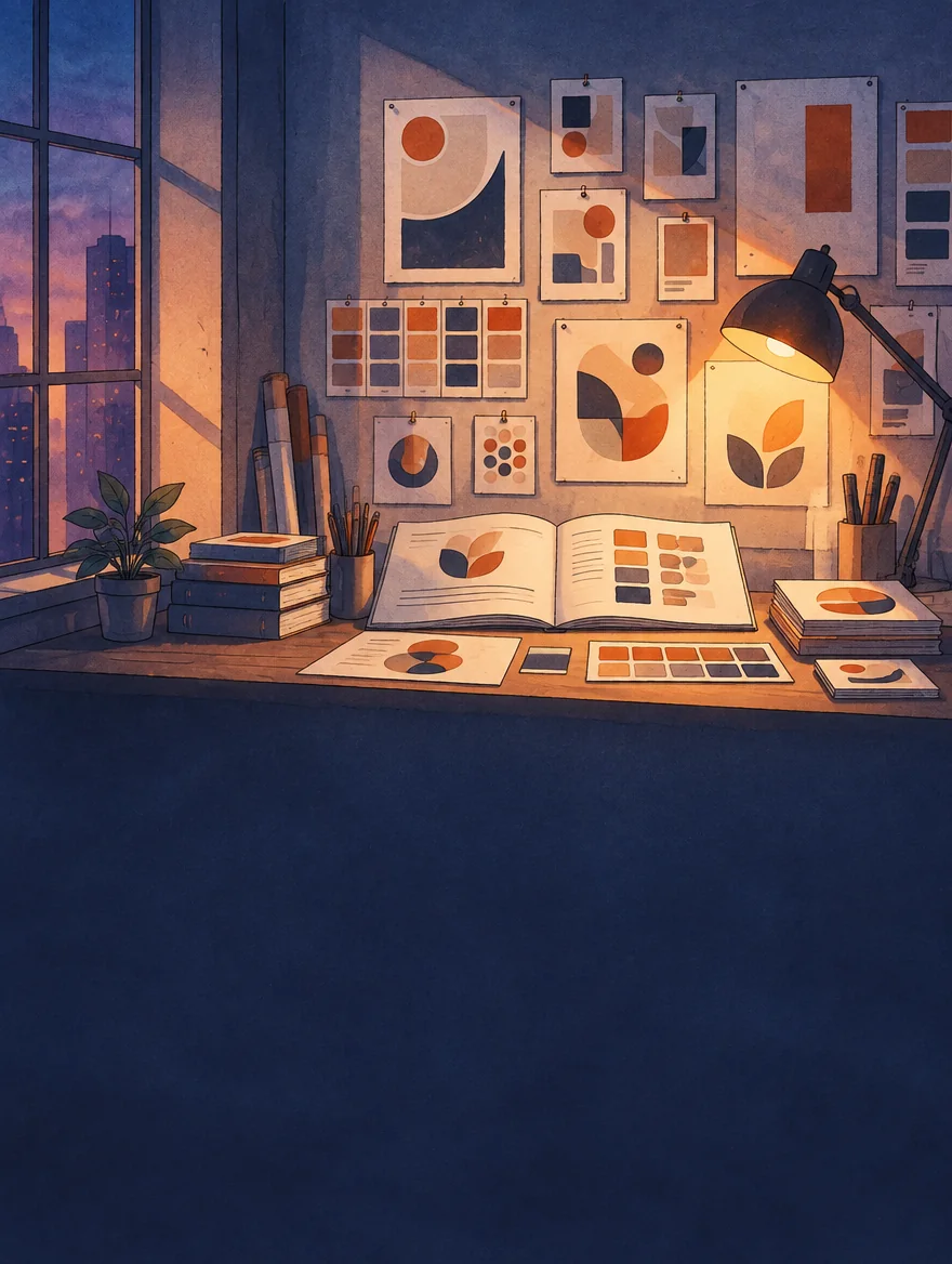 Painted studio wall of poster and logo studies over a desk with an open brand book and swatches