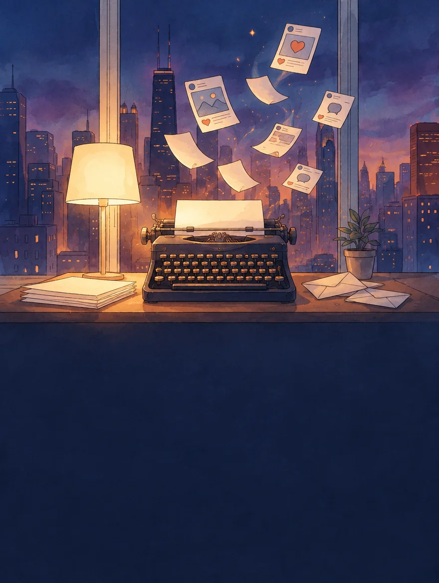 Painted desk with a typewriter at dusk, printed pages lifting off toward the skyline
