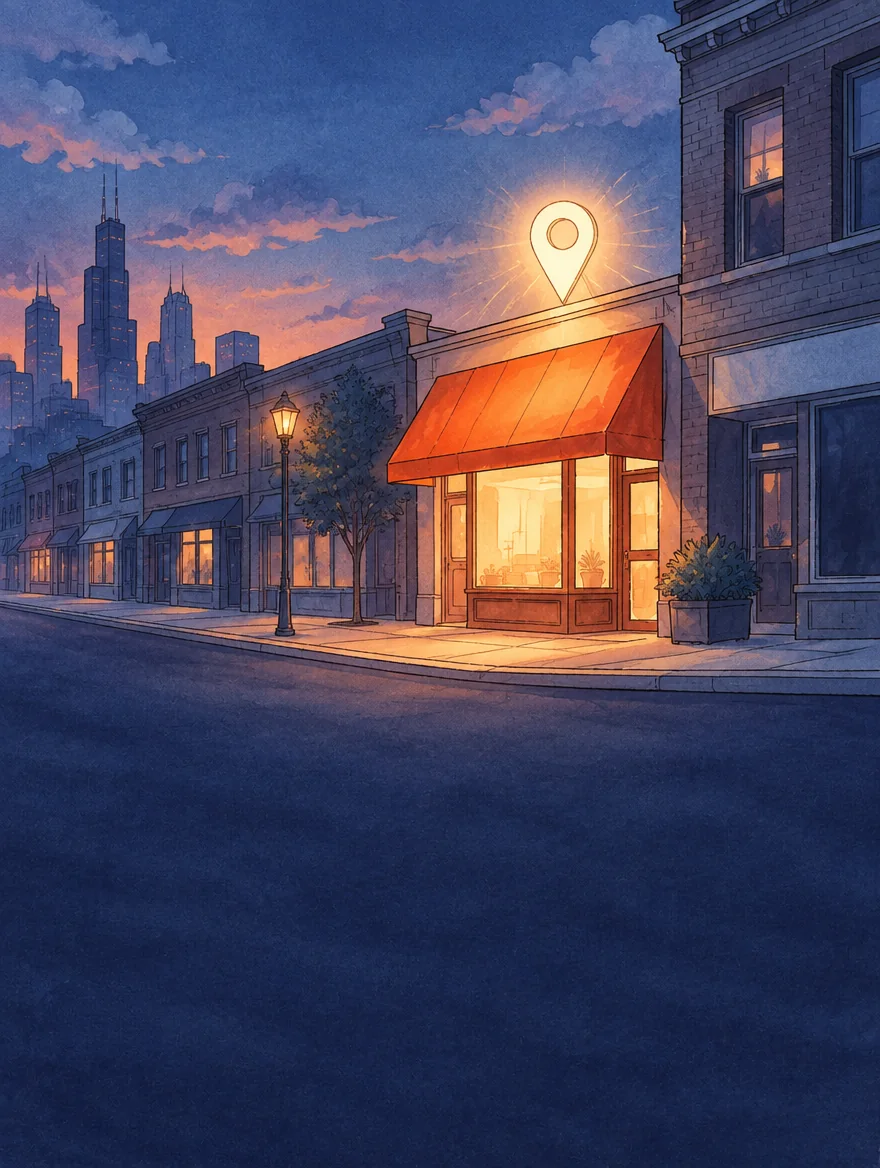 Painted Chicago street at dusk, a map pin glowing over a shop with an orange awning
