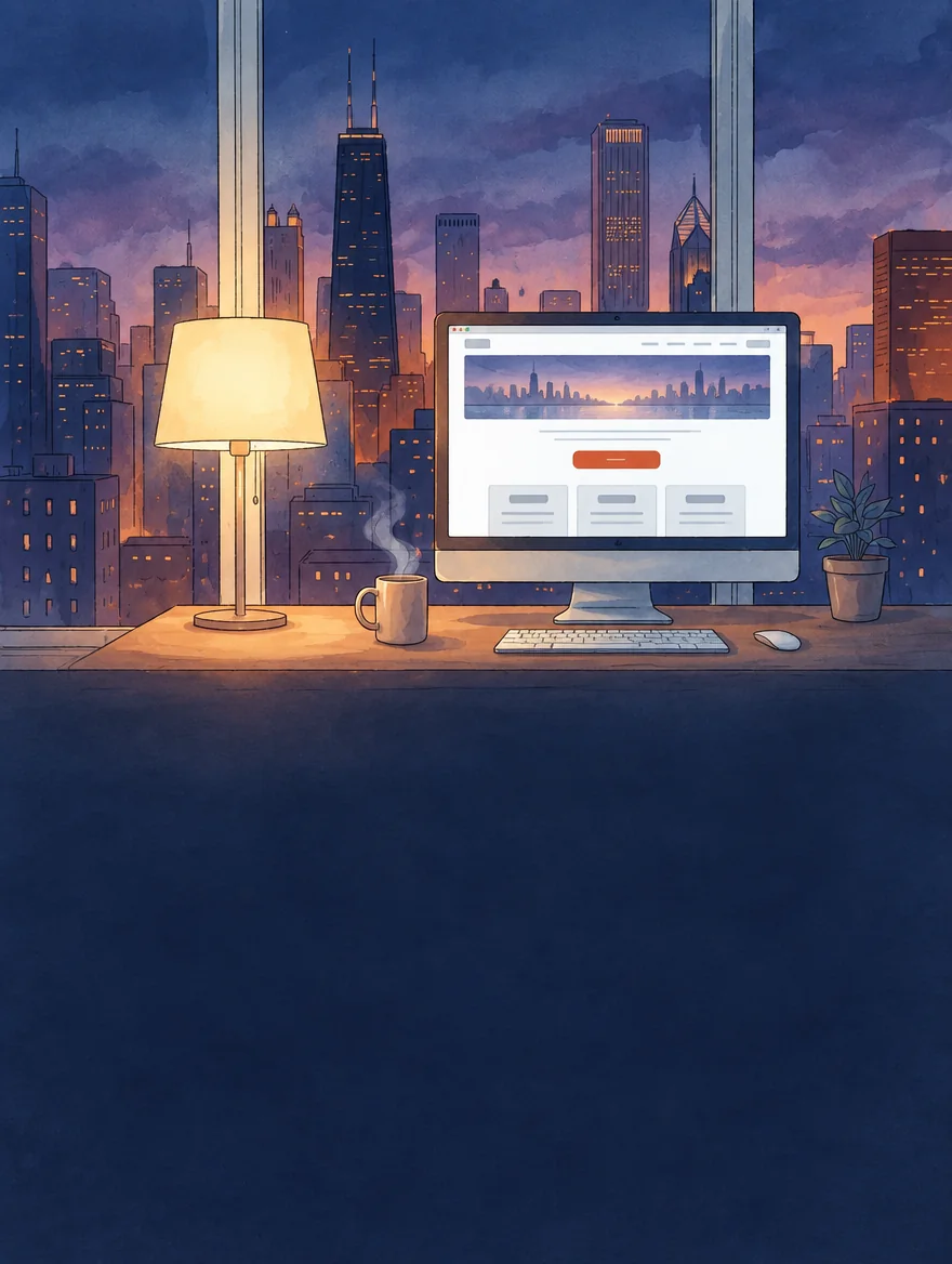 Painted desk at dusk with a lamp, a coffee and a monitor showing a website, the skyline behind