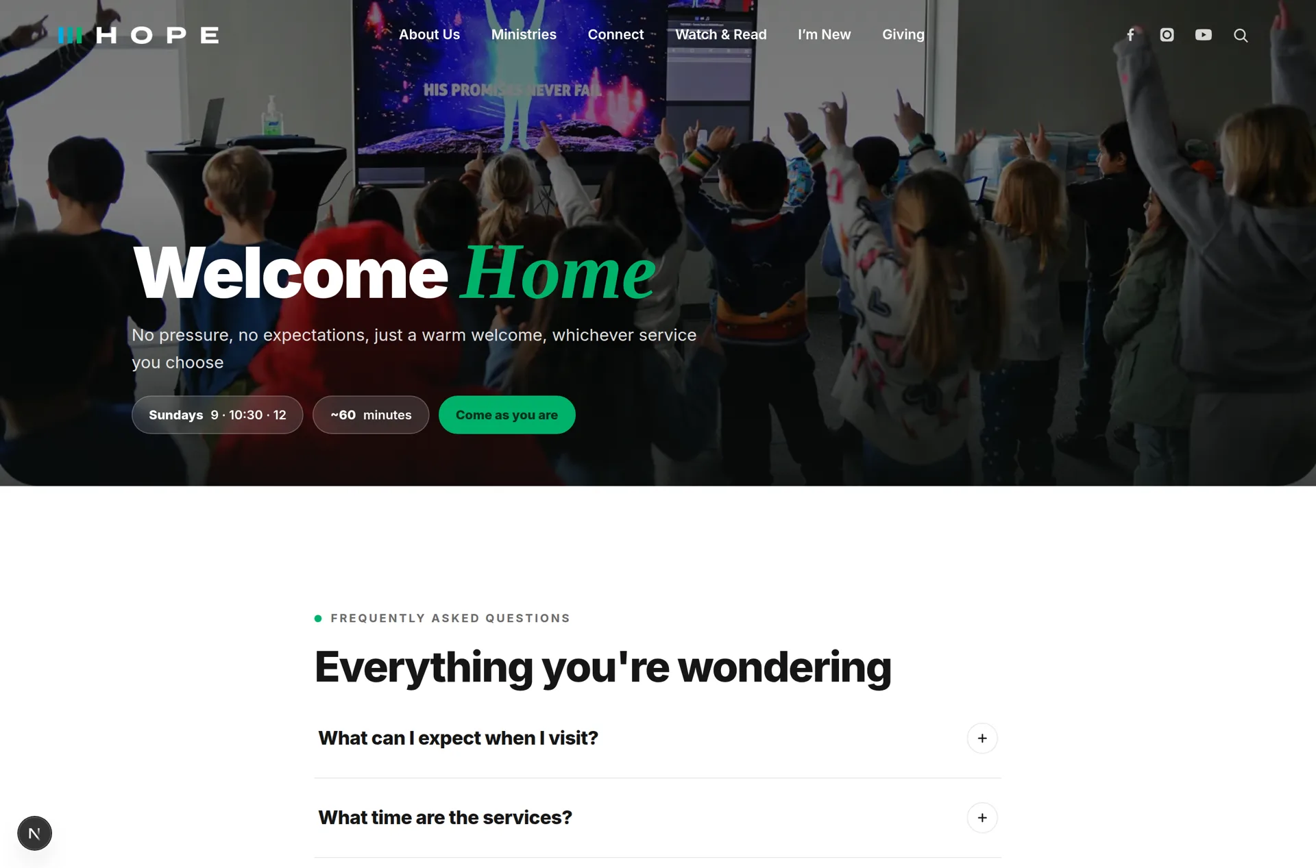 Hope Community Church I'm New page: Welcome Home.