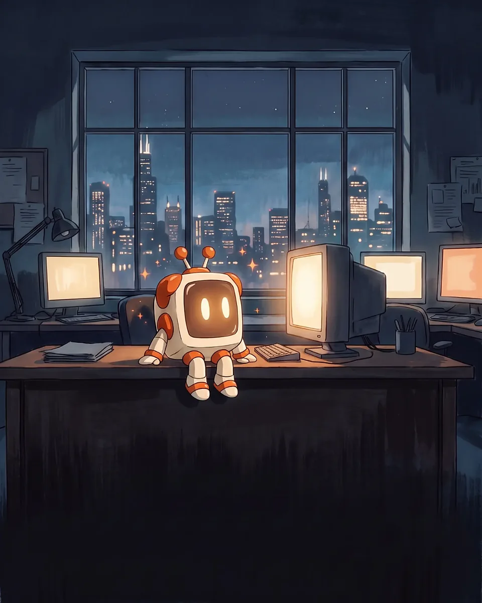 Painted night office: Gus the robot waits on a desk between glowing monitors