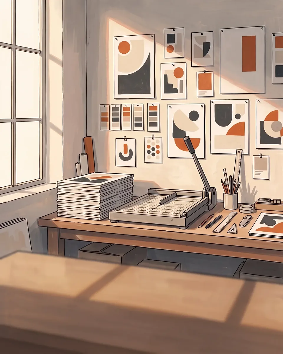 Painted studio wall pinned with orange-and-ink logo studies and color chips above a work table