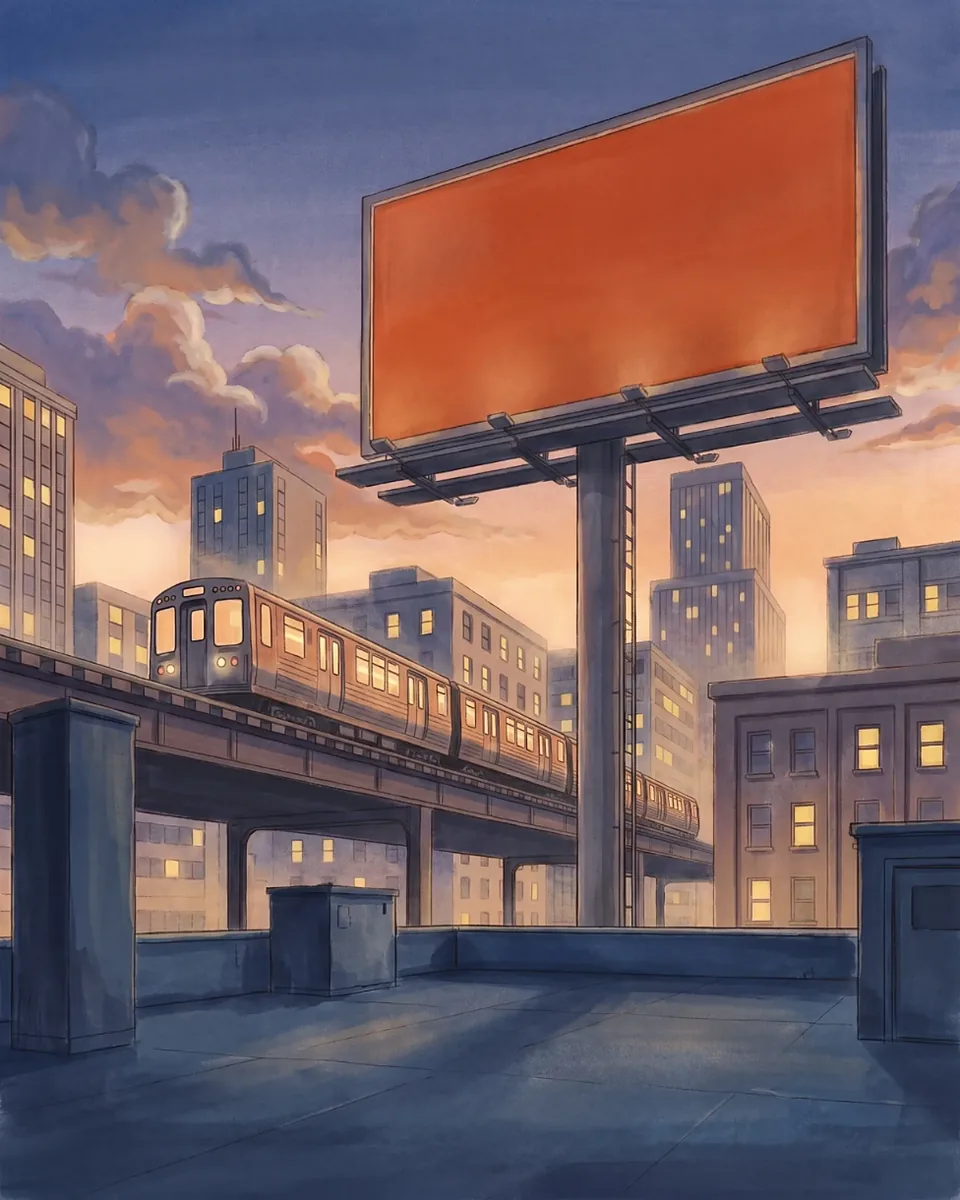 Painted rooftop at dusk with the L train under a billboard