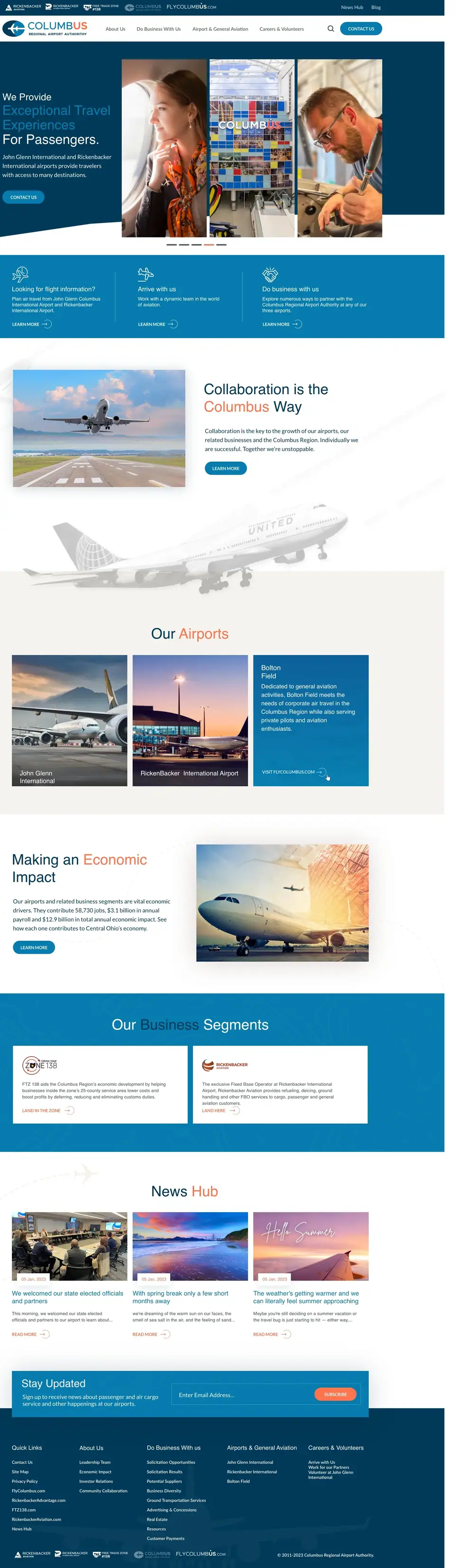 Full-page concept for Columbus Regional Airport Authority's website