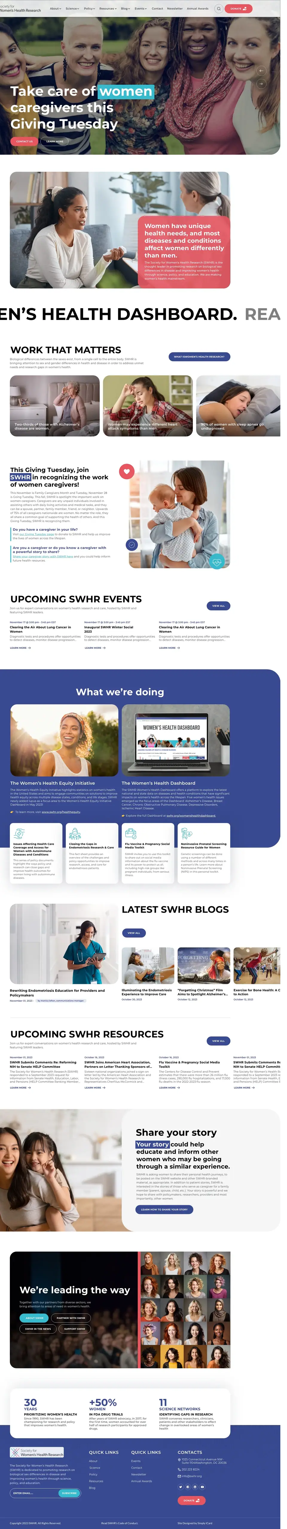 Full-page concept for Society for Women's Health Research's website