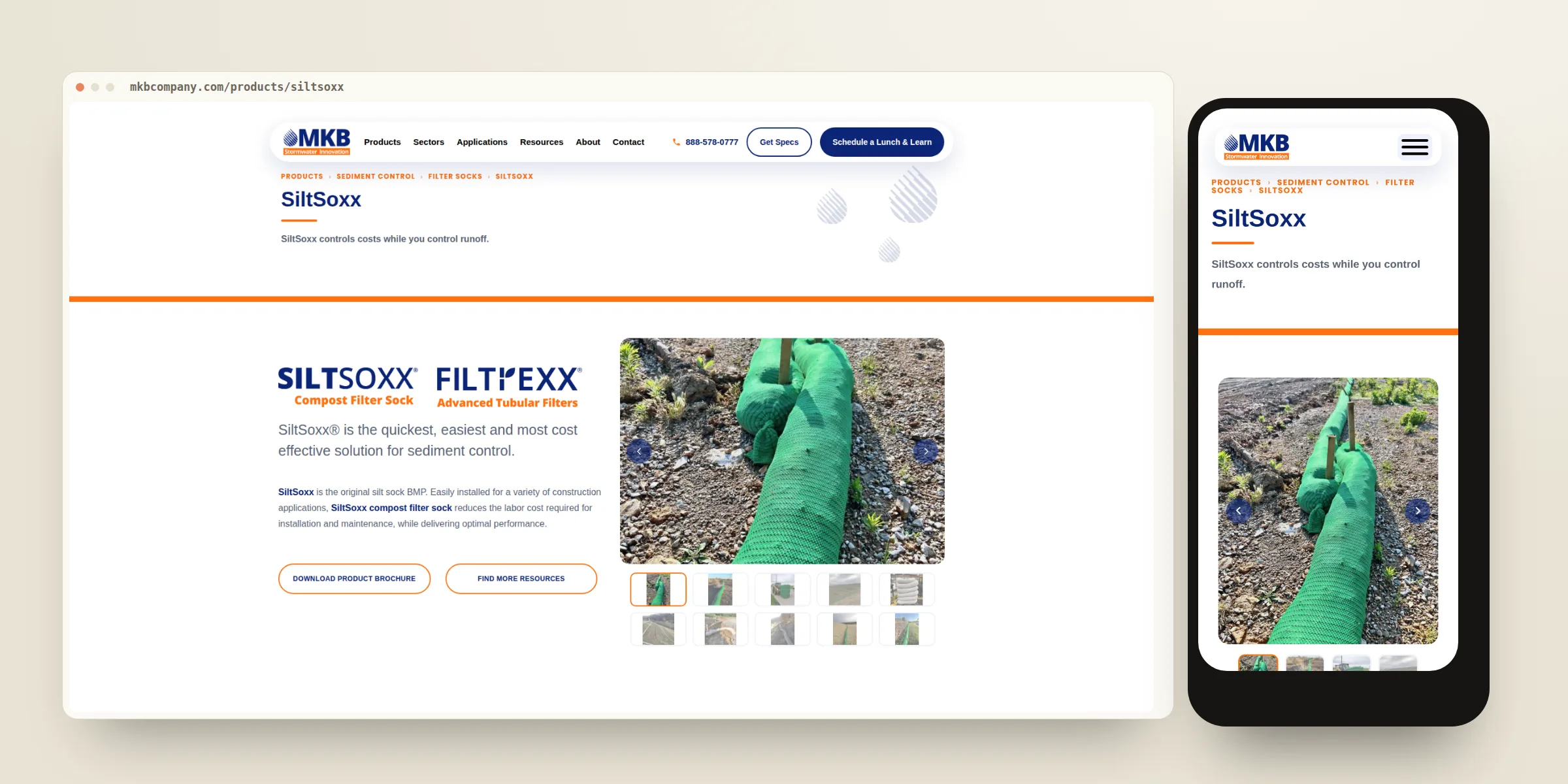 SiltSoxx product page on the rebuilt template, on desktop and on a phone